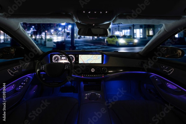 Fototapeta View from inside of the car during night driving