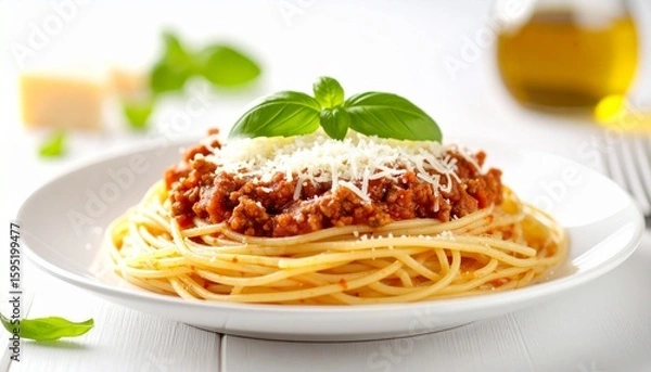 Fototapeta Delicious spaghetti bolognese topped with fresh basil and grated parmesan cheese served on a white plate