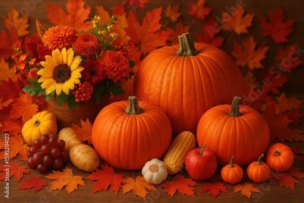 Fototapeta Abundant Thanksgiving harvest display featuring autumn pumpkins, seasonal fruits, and colorful fall foliage arrangement