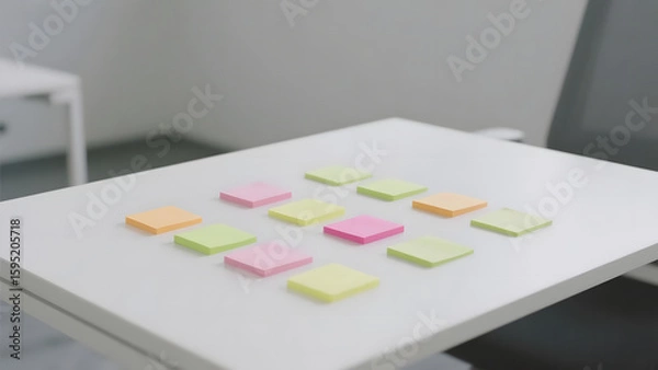 Fototapeta Colorful sticky notes arranged on a white table in a minimalist room