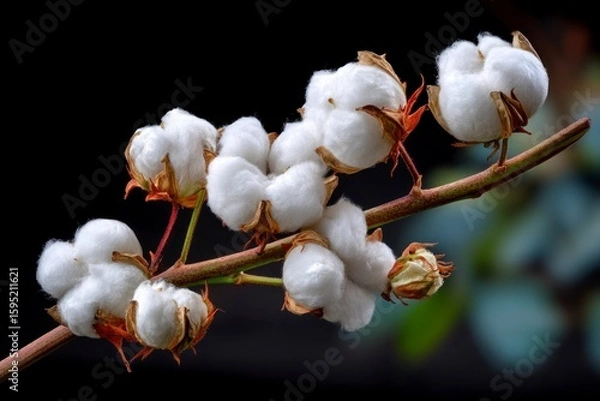 Fototapeta Branch of cotton plants with white bolls against a dark background highlighting their soft texture and protective bracts