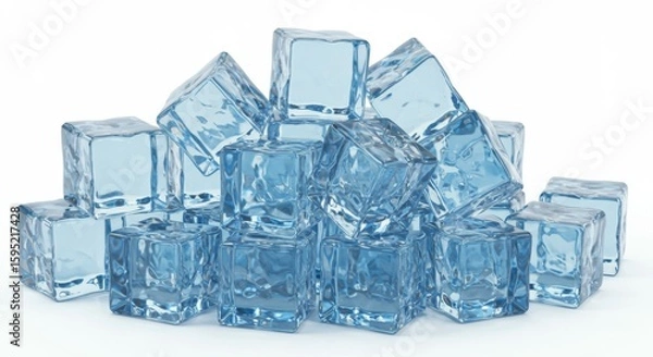 Fototapeta Pile of Ice Cubes on White Background, Cold and Refreshing