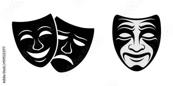 Fototapeta Theatre mask silhouette set, Theatre mask vector icon set. Masquerade vector icons. Comic and tragic mask icons. Theatrical masks. Comic and tragic mask set. Vector, Comic and tragic mask set. Eps 10.