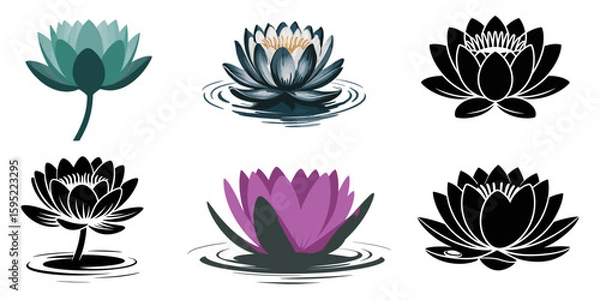 Fototapeta Set of silhouettes of lotus flowers. Vector illustration, Lotus flower various design silhouette black vector art design set, Set of solid purple lotus flower icons for wellness and branding, Abstract