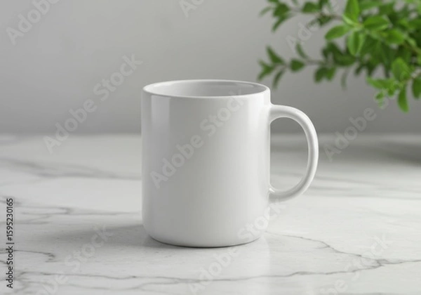 Fototapeta A clean white ceramic mug rests on a marble surface with a plant in the background