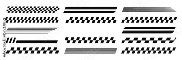 Fototapeta Racing car vector set, race car stripes, angled checkered patterns, checkered flag, finish line, motocross labels, dynamic lines, motorsport themes, racing stripe speed, sport decals, and vehicle tuni