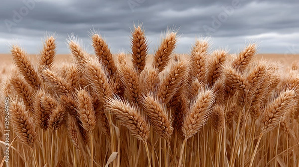 Fototapeta Golden Wheat Field Under Cloudy Skies: The wheat field is ready for harvest, and its golden hues create a beautiful contrast against the grey and cloudy sky above.