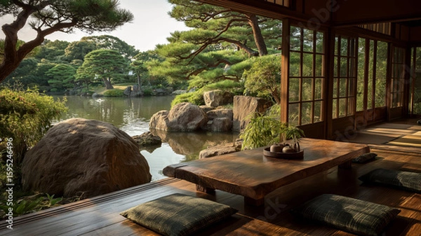 Fototapeta モダンな和の空間から広がる日本庭園と四季の風景が調和した心安らぐ｜自然、緑静けさ、伝統、癒し、心地よい空間