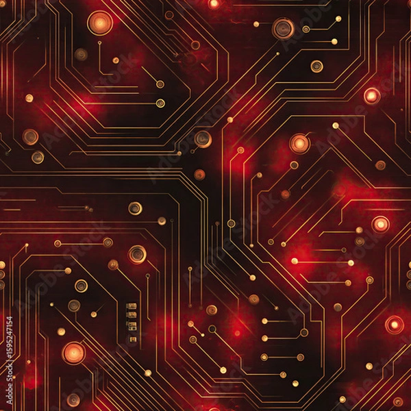 Obraz Seamless Macro Texture of Red PCB with Copper Traces and Electronic Components