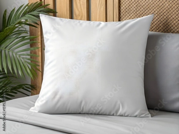 Fototapeta White Square Pillow with Subtle Star Design on Grey Bed
