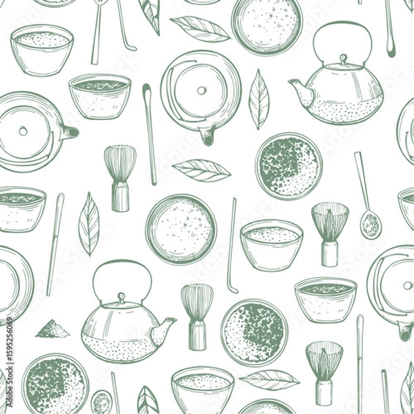 Obraz Hand-drawn matcha tea set. Vector seamless pattern.  Sketch illustration