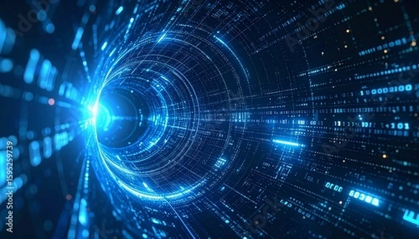 Fototapeta Abstract tunnel of digital data with a bright light at the end, symbolizing the speed of the modern digital age and data flow