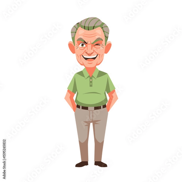 Obraz Cartoon illustration of an elderly man with gray hair, winking and smiling with hands in pockets, wearing a green shirt and tan pants.