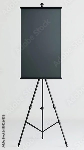 Fototapeta Black presentation screen is set on a tripod stand against a plain white background