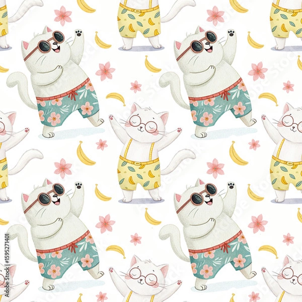 Fototapeta seamless watercolor pattern cat summer concept on white background