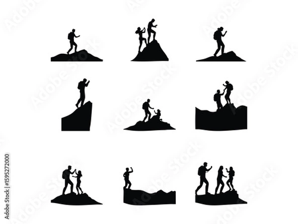 Obraz Helping Friend Reach the Mountain Top Silhouette Vector, Teamwork, Success, and Goal Achievement Concept
