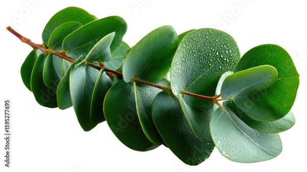 Fototapeta Eucalyptus Branch: A close-up shot features a vibrant eucalyptus branch, showcasing fresh, droplet-covered leaves against a backdrop of botanical elegance.