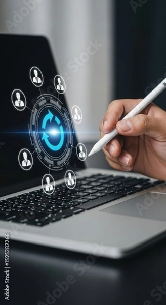 Fototapeta Professional networking with digital avatars on laptop. Business connectivity with stylus interaction. Refreshing contacts in modern tech workspace.