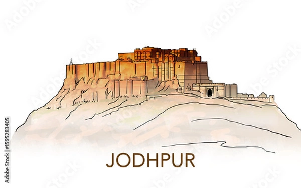 Obraz Mehrangarh fort, Rajasthan, India. Artistic sketch. Hand drawn watercolour postcard, poster, book illustration