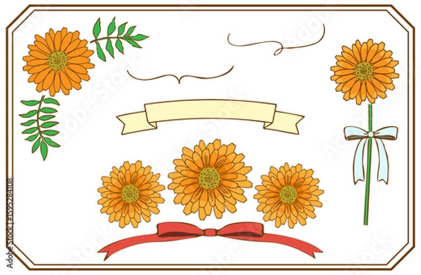 Obraz マリーゴールド(キンセンカ)の手描きイラスト。カード用パーツセット