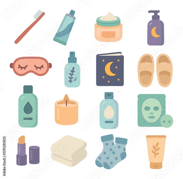 Fototapeta Night routine icon collection: self-care essentials flat design. toothbrush, mask, candle, lotion vector icons.