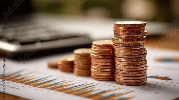 Fototapeta Stacked coins near laptop and financial reports highlight personal savings, online banking, and economic planning in a digital finance environment driven by smart technology insights.