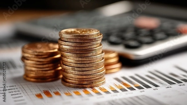 Fototapeta Stacked coins near laptop and financial reports highlight personal savings, online banking, and economic planning in a digital finance environment driven by smart technology insights.