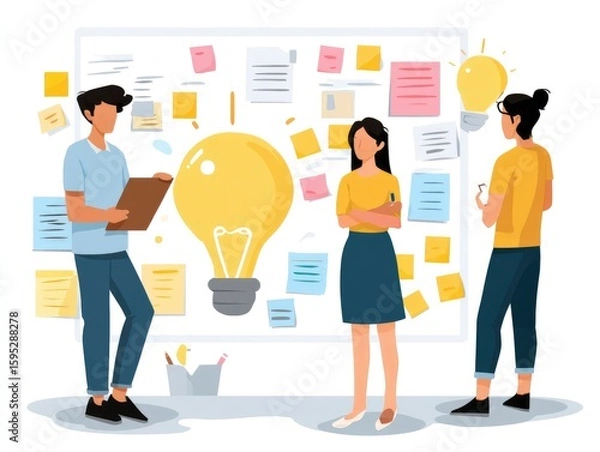 Fototapeta flat vector brainstorming session, creative team using sticky notes and lightbulb icons, clean design