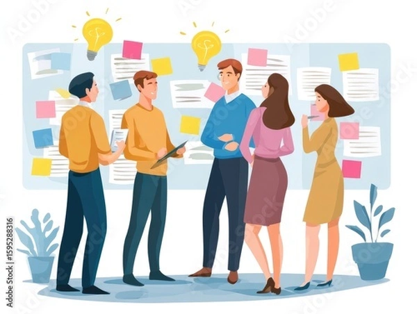 Fototapeta flat vector brainstorming session, creative team using sticky notes and lightbulb icons, clean design