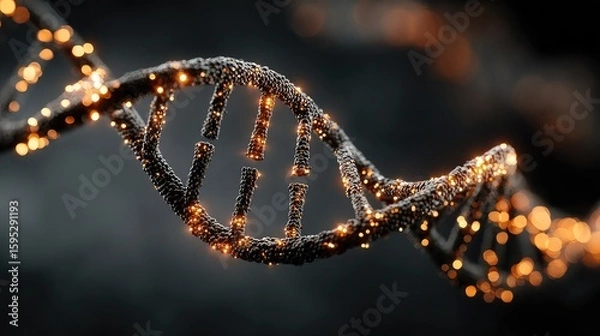 Fototapeta Stylized fusion of DNA helix and microchip in 3D space with soft glowing light to represent tech-science convergence