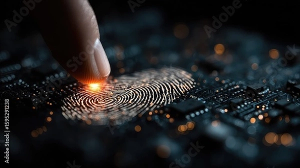 Fototapeta Stylized glowing fingerprint hovers above circuit board with biometric data flowing through holographic screen, secure ID verification concept in futuristic technology interface