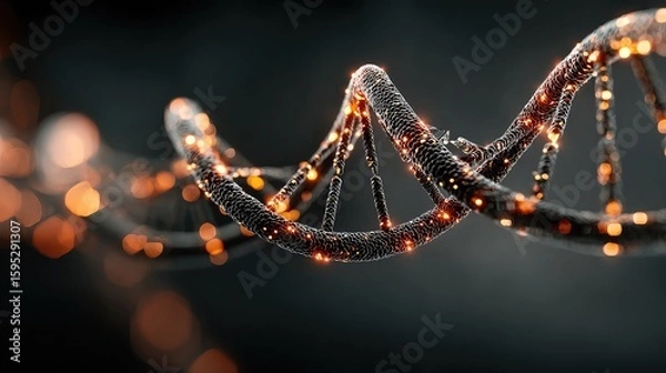 Fototapeta Stylized fusion of DNA helix and microchip in 3D space with soft glowing light to represent tech-science convergence