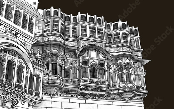 Obraz facade sketch, Rajasthan, India. blue City  Jodhpur Artistic sketch. Hand drawn black and white