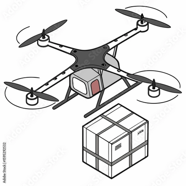 Fototapeta Quadcopter drone delivering package with rotating propellers delivery