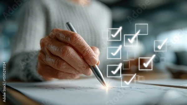 Fototapeta Stylus interacts with floating checklist in augmented workspace, representing futuristic approval process, efficient task validation, and seamless productivity in hybrid offices.