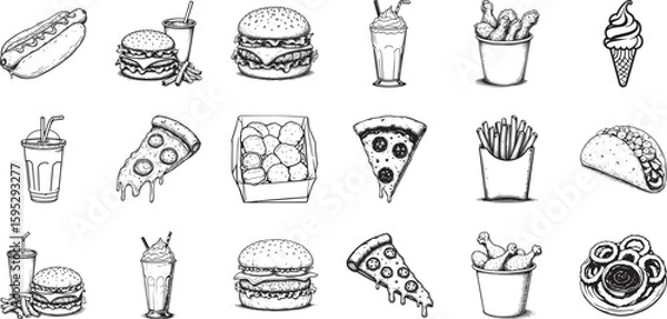 Fototapeta Fast Food Feast: A hand-drawn collection of iconic fast food items, perfect for illustrating a variety of food-related themes. 