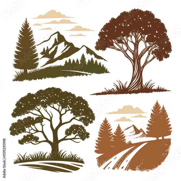 Obraz Textured nature landscape scenes with trees mountains and clouds vector