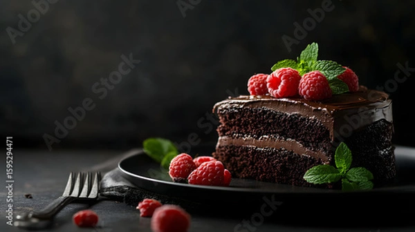 Obraz A rich chocolate cake slice with glossy ganache, topped with raspberries and mint leaves.