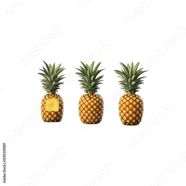 Obraz Fresh Whole Pineapple with Spiky Green Leaves Isolated on White Background