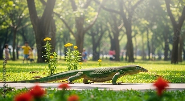 Fototapeta An encounter with a monitor lizard in the serene urban park scenery, green grass and vibrant flower
