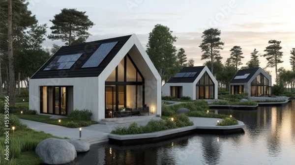 Fototapeta Modern lakeside houses with solar panels on roofs are surrounded by trees and water, reflecting sustainable living in a peaceful natural setting at dusk.