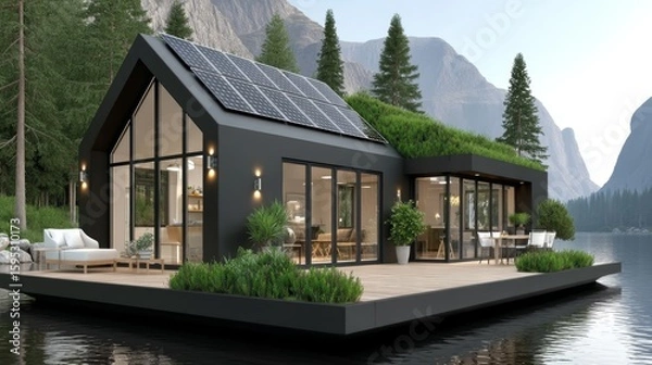 Fototapeta A modern floating house with large glass windows, solar panels, and green roofing, situated on a calm lake surrounded by pine trees and mountains.