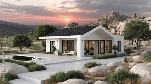 Fototapeta Modern white house with solar panels on the roof, surrounded by desert landscape with rocks and shrubs, under a colorful sunset sky.