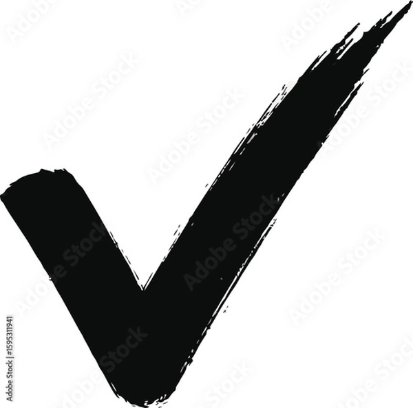 Fototapeta Black brush-style check mark icon representing approval, confirmation, success, or completion in bold hand-drawn stroke design on white background