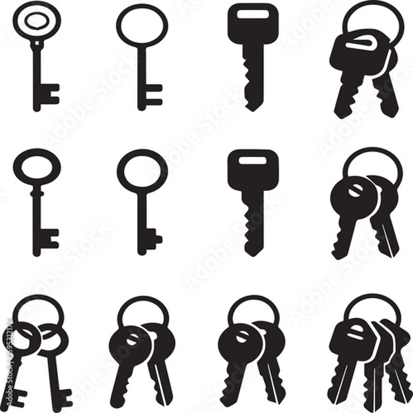 Fototapeta Set of black key icons including vintage keys, modern house keys, and keyring illustrations in flat silhouette style for security, access, and lock design concepts