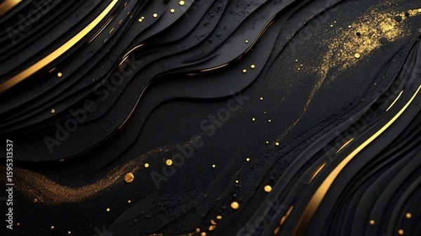 Obraz Bold black and gold abstract design featuring dynamic wavy lines and scattered gold particles