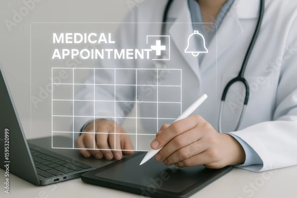 Fototapeta Doctor using tablet for medical appointment scheduling, showcasing modern healthcare technology