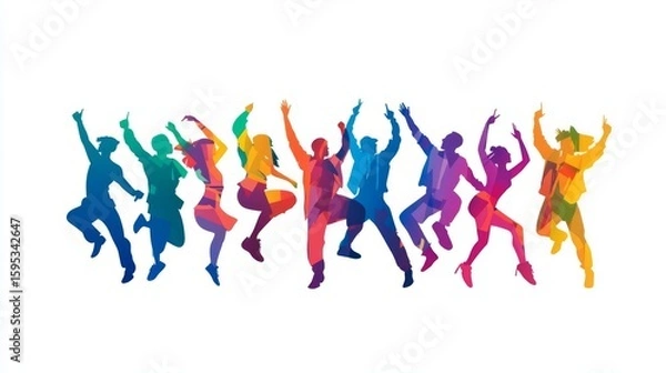 Fototapeta Colorful silhouettes of people dancing joyfully, representing happiness and freedom in movement and expression.