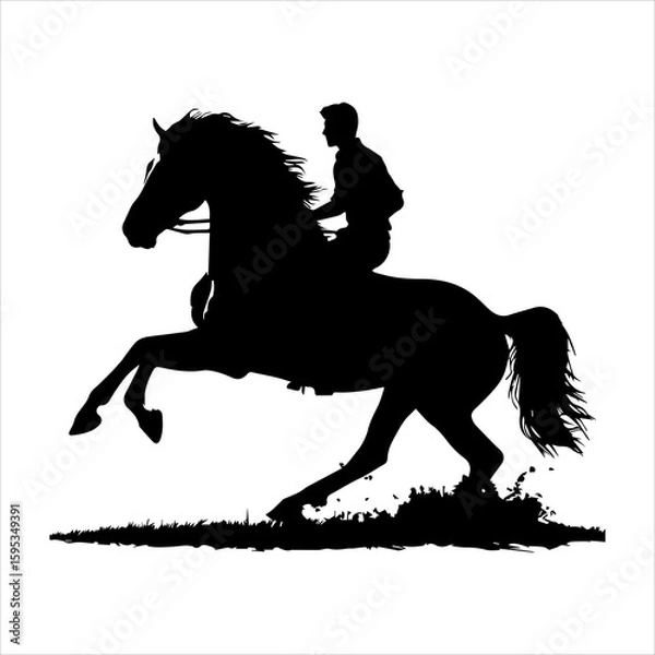 Obraz Black silhouette of a galloping horse with a man in white background