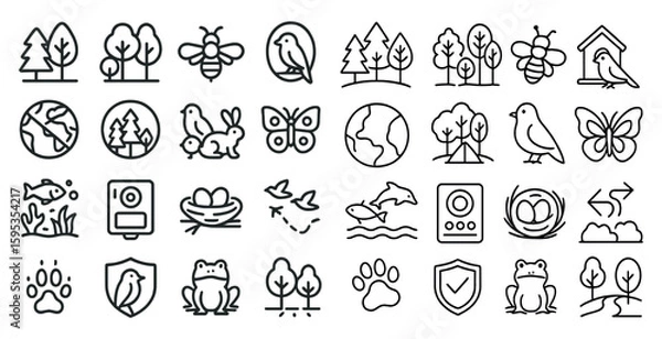 Fototapeta Collection of nature-related icons, including trees, birds, and butterflies. The icons are arranged in a grid, with some overlapping each other